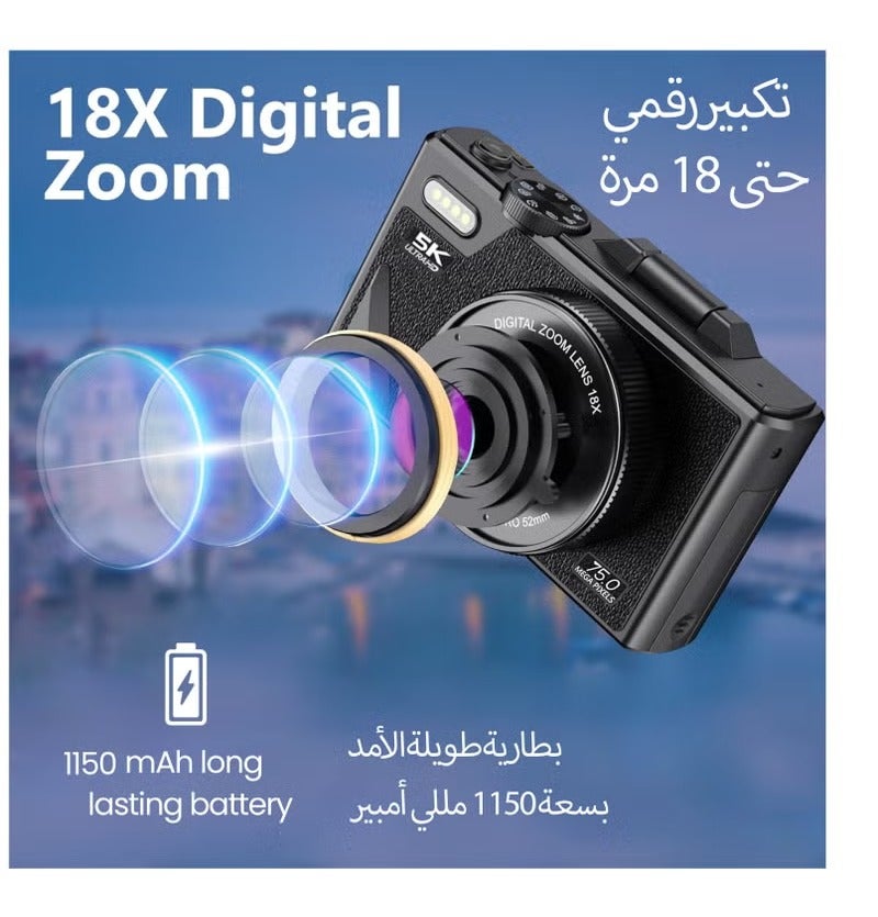 فومو كاميرا رقمية، 5 كيلو فائقة الدقة مع بطاقة 128 جيجابايت TF اشتمال على شرائح عالية الدقة 75 ميجابايت للتصوير الفوتوغرافي والتسجيل الإيقاعي 3 بوصة و 180 درجة شاشة قلب و 18X نقطة التكبير والتصوير وكاميرا تصوير للأطفال والمراهقين والشباب - Image 4